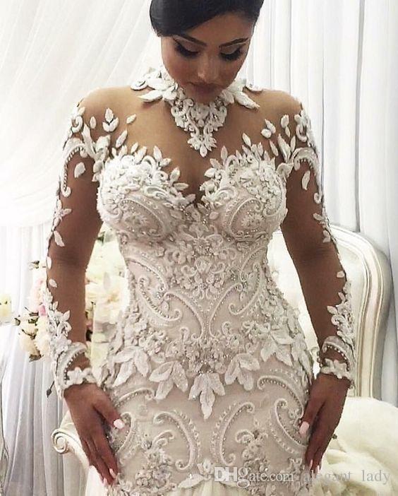 Azzaria Haute Plus Size Illusion Long Sleeve Mermaid Wedding Dresses Nigeria High Neck Full back Dubai Arabic Castle Wedding Gown