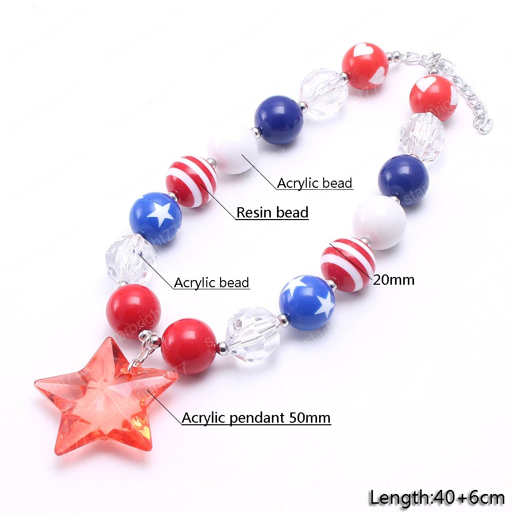 New Forth July Girls Beads Necklace Fashion Star Pendants Child Chunky Bubblegum Necklace For Baby Kids