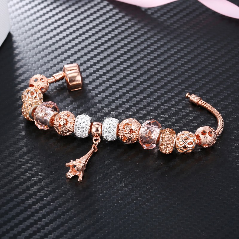 Rose Gold Crystal Glass Perforated Bead Tower Bracelets Fashion Brand Charm Bracelet Women Jewelry Wholesale