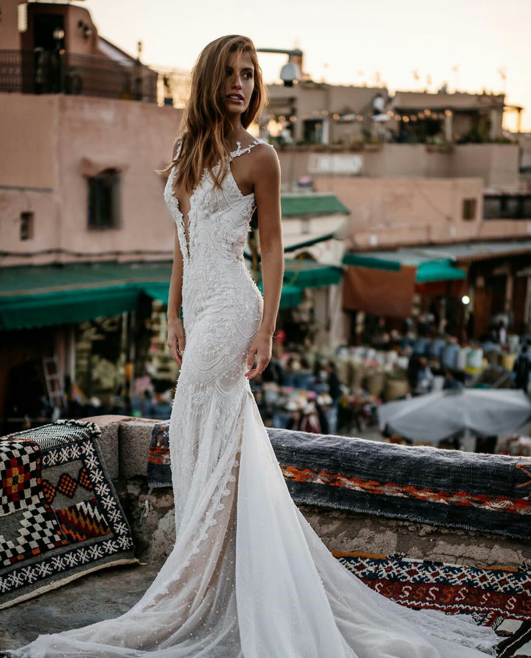 Bohemia Dresses Deep V Neck Beads Appliques Lace Mermaid Bridal Gowns Custom Made Open Back Sweep Train Wedding Dress