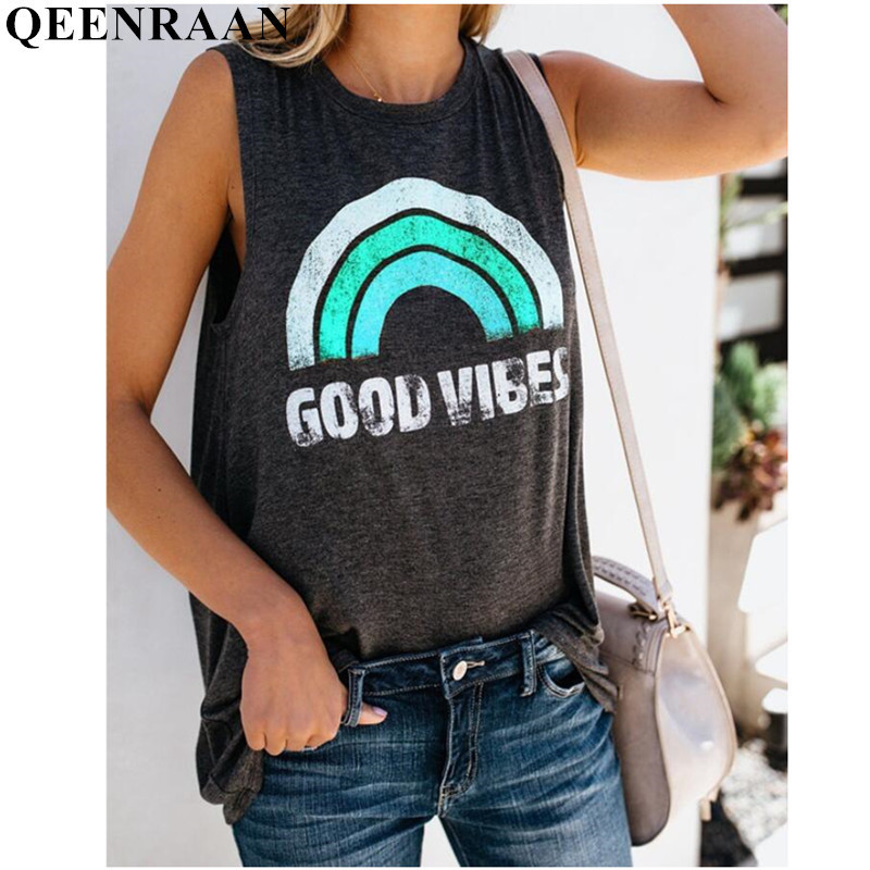 Harajuku Tank Top Womens Summer Rainbow Stripe And Letter Good Vibes Printing Aesthetic Women's Graphic Popular Tops Vest Tees Y190123