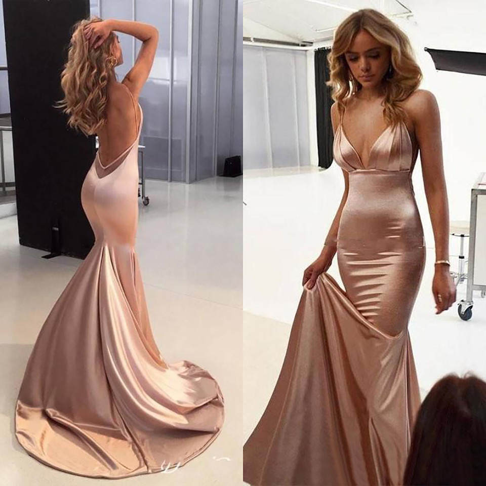 Sexy Nude Evening Party Dresses spaghetti Backless Sweep Train Backless Simple Stain Mermaid Occasion Red Carpet Prom Gown Cheap ED1333