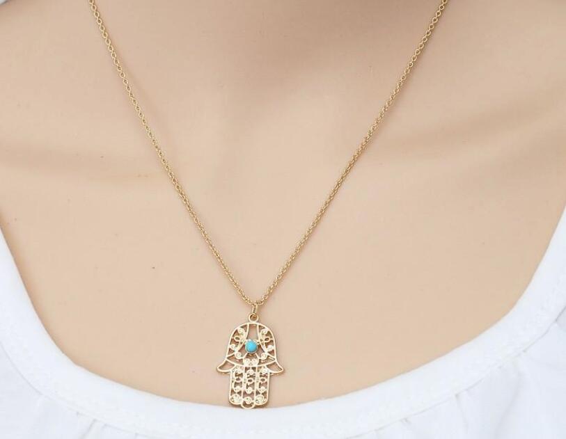 Hot sale Design Luck Hamsa Hand Pendants Necklace Luck Fatima Hand Palm Statement Necklace collares Wholesale Free Shipping WY050