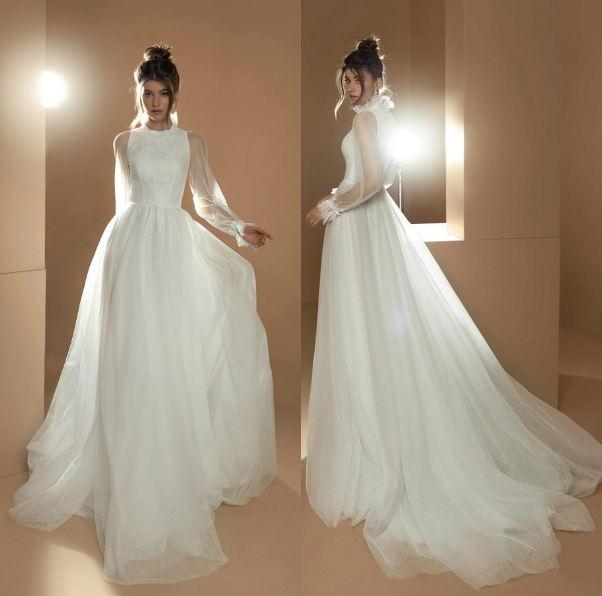 beach a line wedding dresses high neck lace appliques romantic bridal gowns long sleeve bohemian wedding vestido de noiva