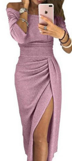 Casual Dresses Winter Dress Women Sexy Club Shiny Slit Push Up Slash Neck Party Formal Long Black Red Vestidos Woman