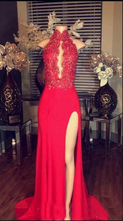 Vintage Lace Appliques Sexy Red Prom Dresses Keyhole High Neck Side Split Open Back Special Occasion Dresses With Beaded Long Evening Dress