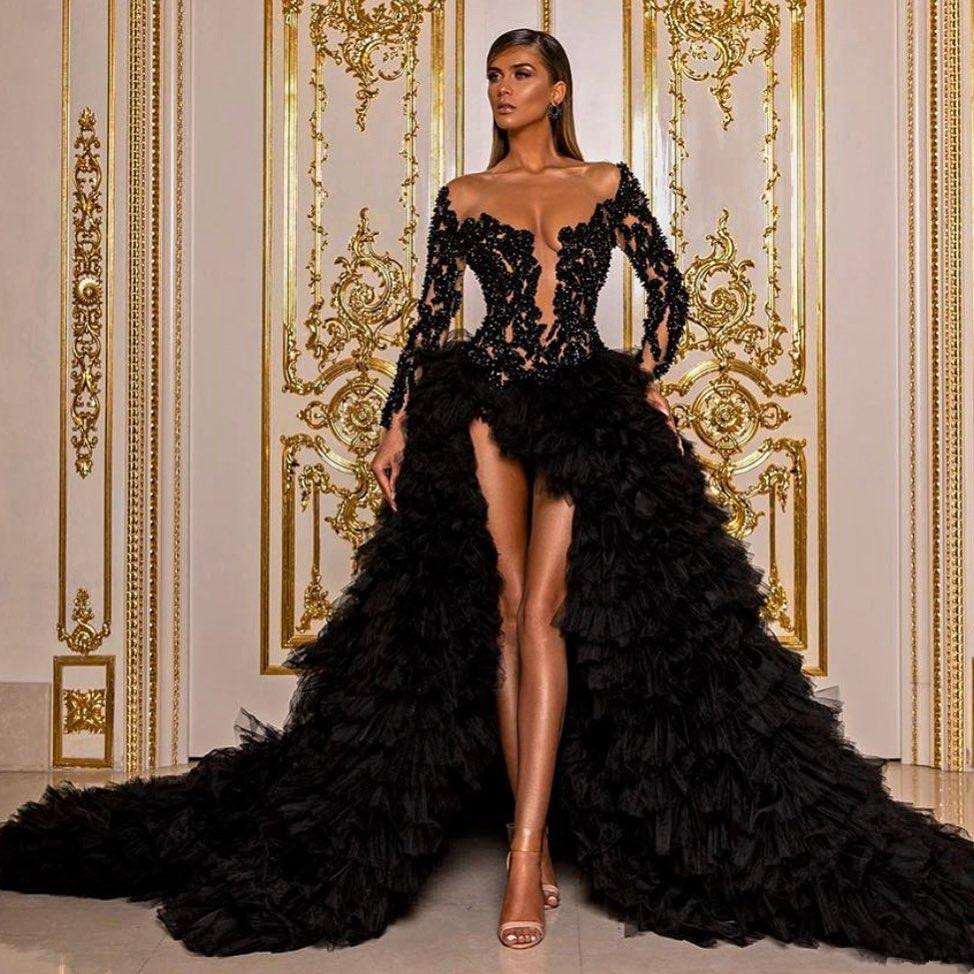 2020 Beaded Long Sleeves Prom Dresses Sheer V Neck Sequined Side Split Evening Gowns Tiered Sweep Train Tulle Formal Dress, Black
2020 Beaded Long Sleeves Prom Dresses Sheer V Neck Sequined Side Split Evening Gowns Tiered Sweep Train Tulle Formal Dress, Black