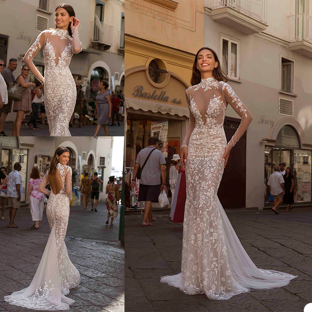 Berta 2021 Mermaid Backless Wedding Dresses High Neck Long Sleeve Lace Appliqued Wedding Dress Bridal Gowns robes de mariée