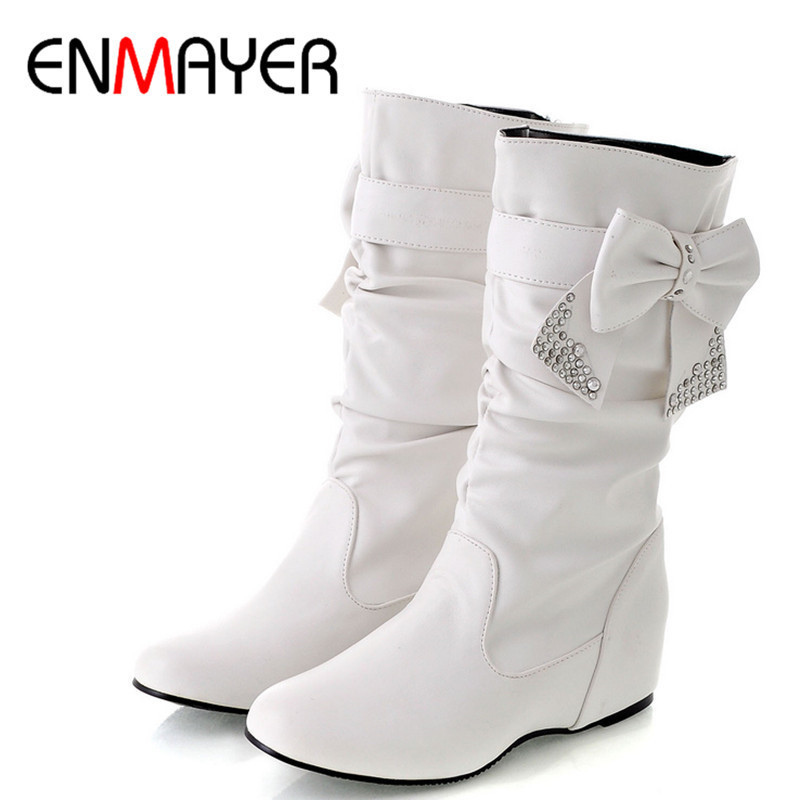 Hot Sale- Spring And Autumn Bowtie Charms Flats Boots Shoes Woman Mid-calf 4 Colors White Shoes Boots Large Size 34-47