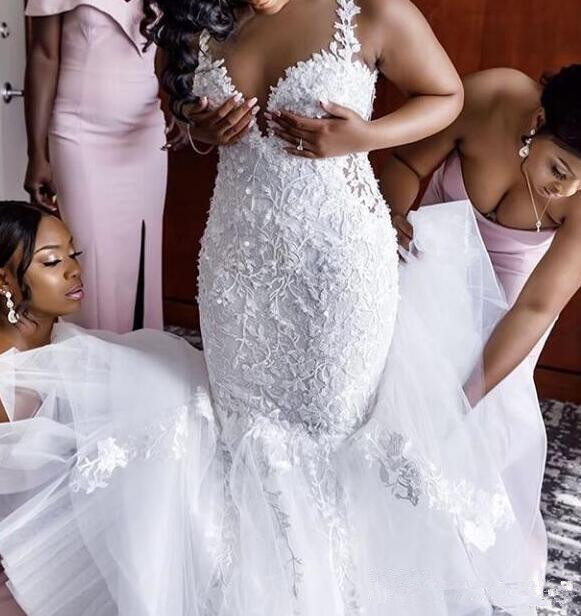 2020 New African Lace Wedding Dress Mermaid Plus Size Floral Appliques Spaghetti Straps Sleeveless Bridal Gowns