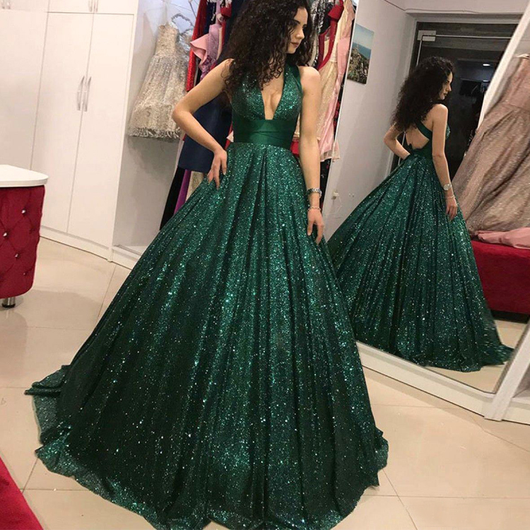 Shiny Dark Green Sequins Prom Dresses 2019 Sexy Deep V Neck Sleeveless Floor Length Formal Women Dress Pageant Party Gowns