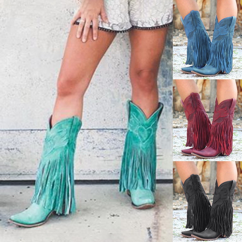 Vertvie Women Autumn Winter Boots Fringe Mid-calf Boots Female Cowboy Low Heel Fashion Tassel Rain Ladies Shoes Streetwear, Red