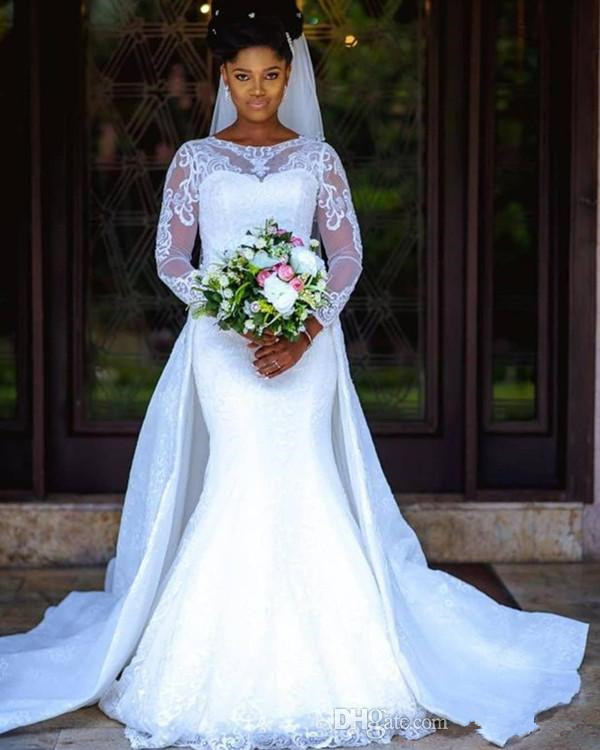 African Sheer Long Sleeves Lace Mermaid Wedding Dresses Mesh Top Applique Over Skirt Court Train Wedding Bridal Gowns Vestidos De Novia