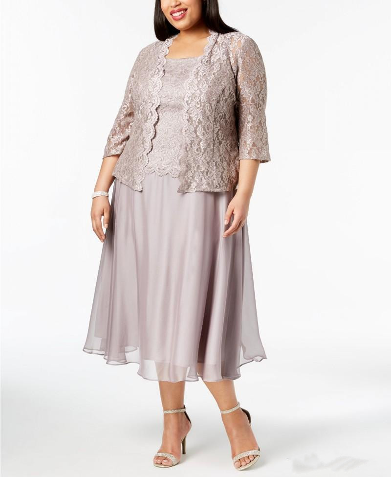 Plus Size Lace Mother of Bride Dresses With Jacket Cheap Wedding Guest Gowns Tea Length Mother Dress Custom
