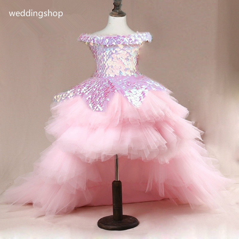 Gold Sequined Ball Gown Girls Pageant Dresses Long TrainToddler Flower Girl Dress Floor Length 3D Appliques First Holy Communion Gowns 2020