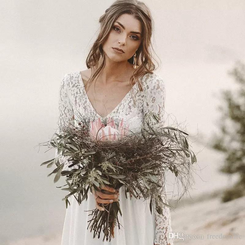 Cheap Country Beach Wedding Dresses 2019 V Neck Full Sleeve Chiffon Low Back Bohemian Bridal Gowns Slim casual Bride Vestidos De Novia