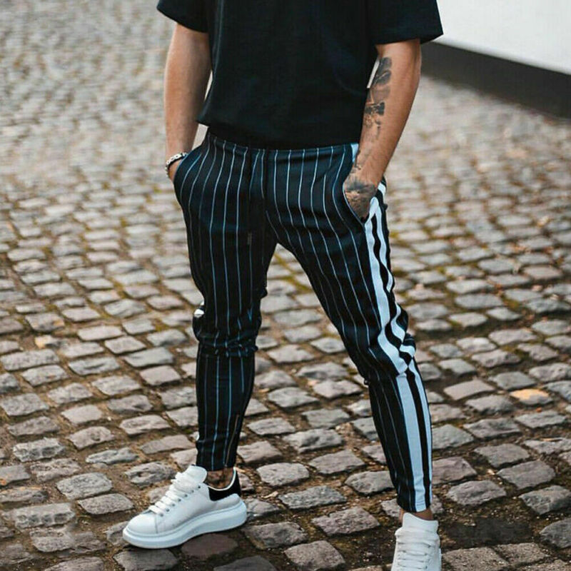 Fashion Men England Style Striped Pants Male New Long Pencil Joggers Pants Casual Trousers Drawstring Side Stripe Slacks 2019