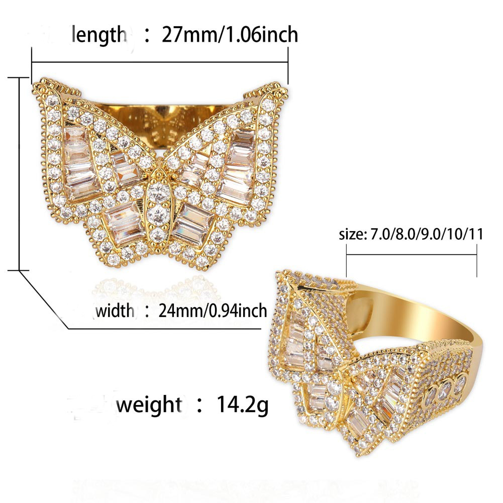 Hip Hop Casting Butterfly Rings Bling 18k Real Gold Plated Cubic Zircon Diamond Finger Ring Jewelry