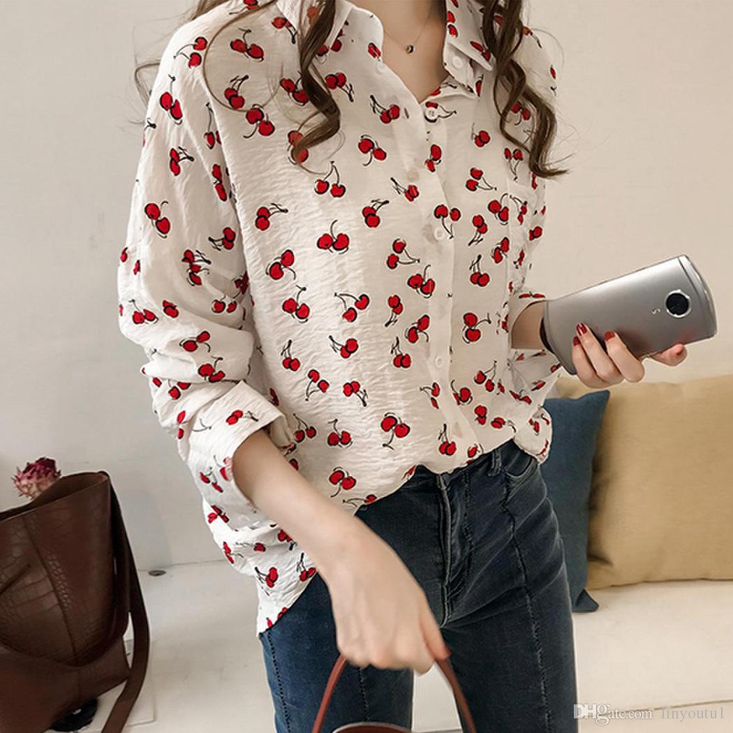 2020 Elegant Lapel Blouse Women Tops Sweet Cherry Print Shirts Long Sleeve Loose Spring Summer Ladies Office Shirt Plus Size