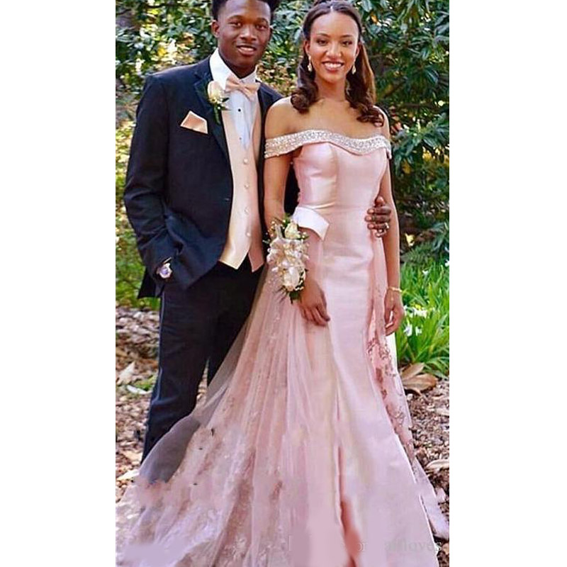 Sweety Pink Overskirts Black Girl Mermaid Evening Dresses 2020 Beaded Lace Off Shoulder Sexy Prom Gowns Plus Size Formal Party Dress