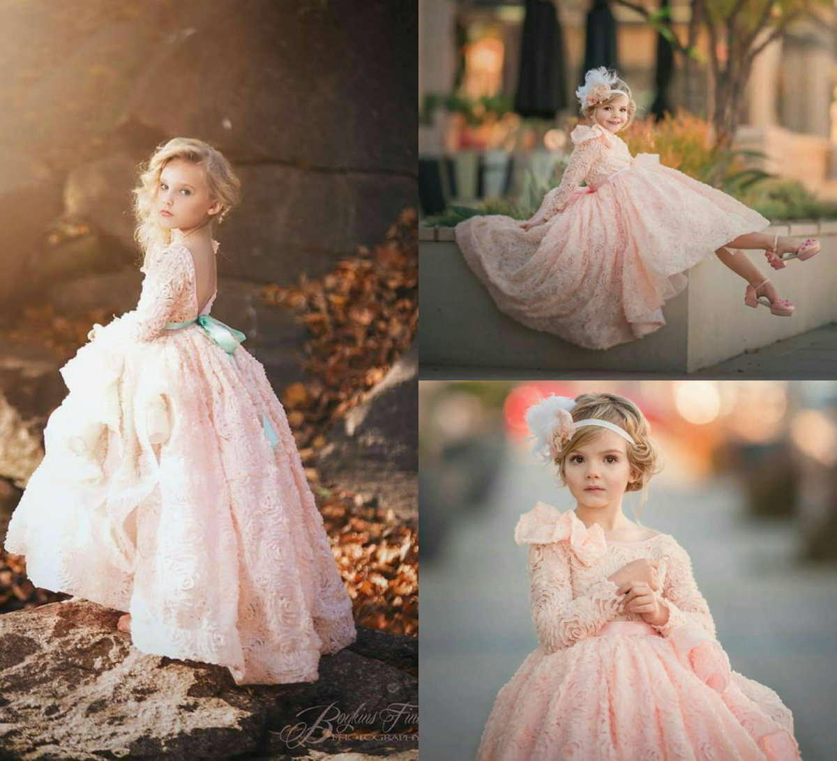 Pink Lace Flower Girl Dresses With Ruffles Jewel Neck Lace 3D Floral Appliqued A Line Backless Girls Pageant Dress High Long Sleeve Gowns