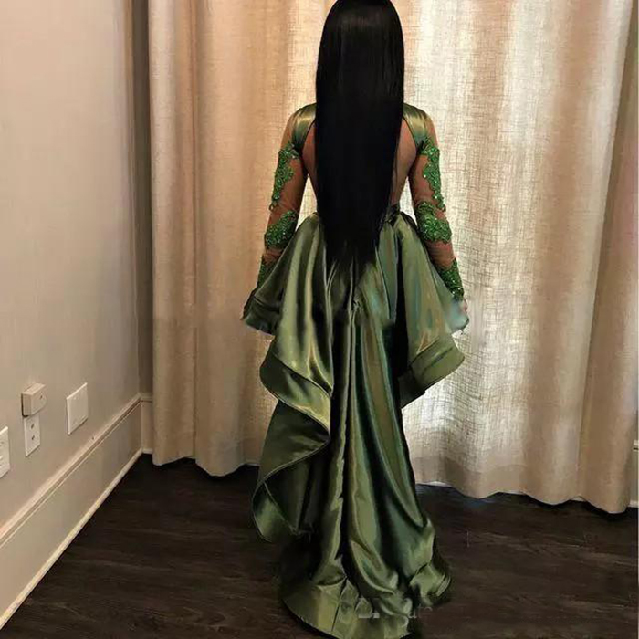 African Olive Green Black Girls High Low Homecoming Illusion Bodice Appliques Lace Long Sleeves Tail Gowns Party Dresses 0521