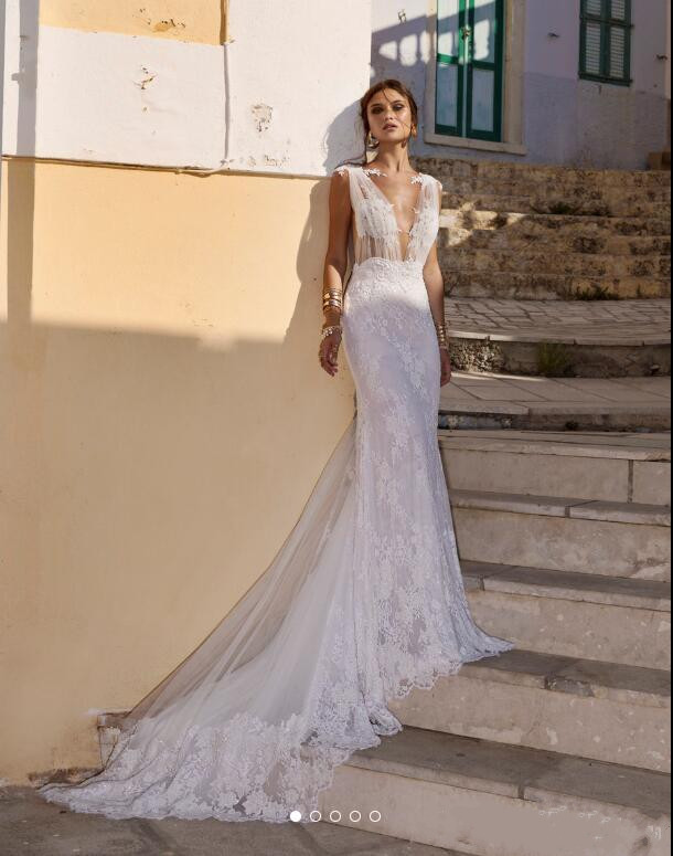 Rokman Lian Mermaid Dresses Sexy V Neck Lace Appliqued Beach Boho Wedding Dress Bridal Gowns Cheap Robe De Marie