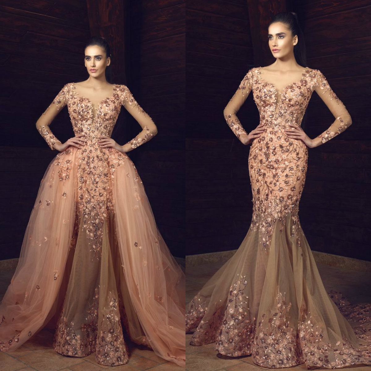 Tony Chaaya Luxury Mermaid Prom Dresses 2019 Sheer Long Sleeve Illusion Lace Appliqued Sweep Train Party Evening Gowns Detachable Train