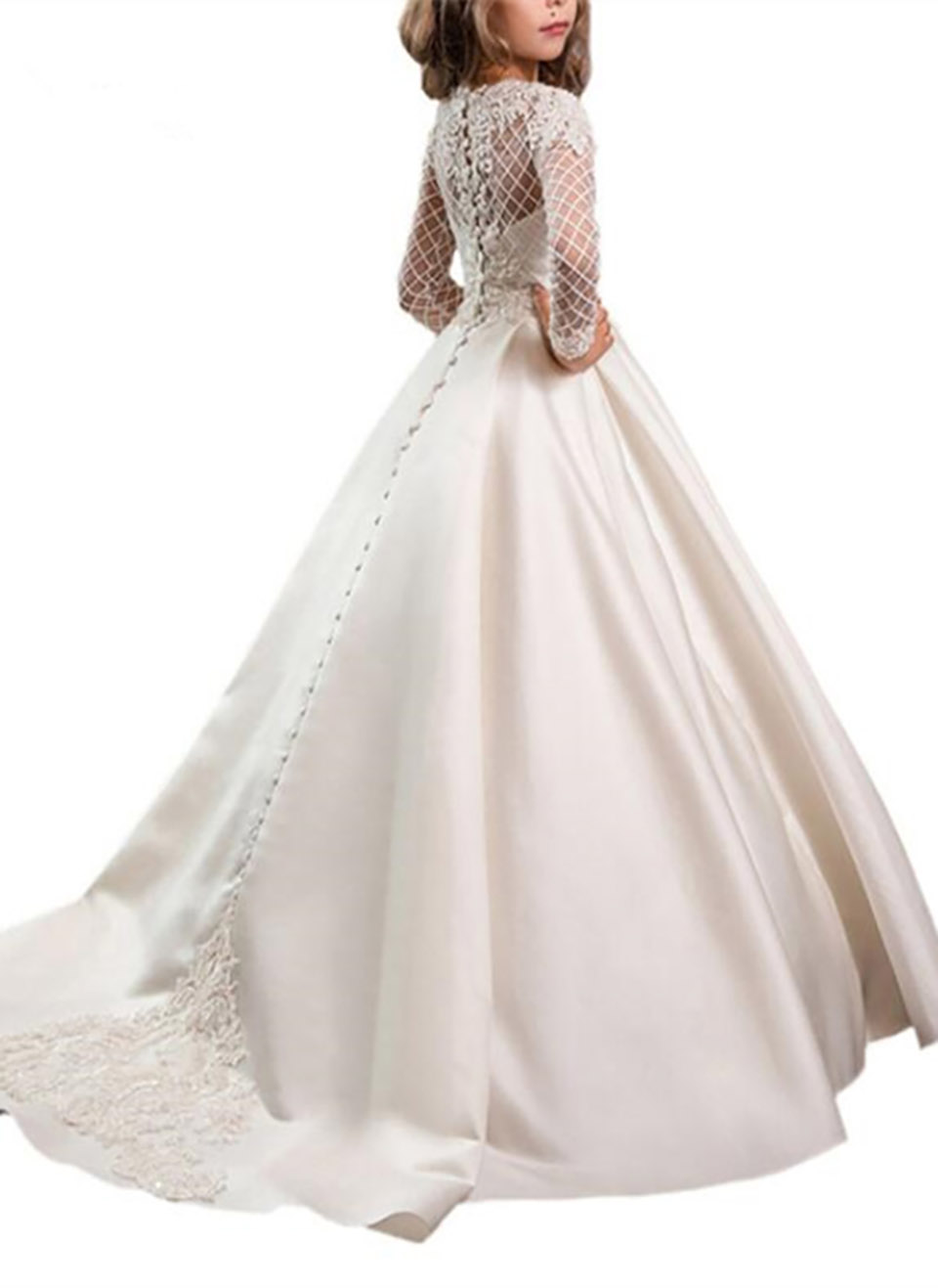 Princess White Lace Flower Girl Dresses Long Sleeves First Communion Gowns Birthday Party Dresses with Buttons Pageant Gown