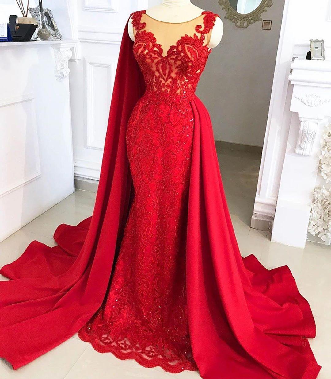 2020 New Red Evening Dresses With Cape Train Lace Sequins Jewel Neck Mermaid Prom Dress African Black Girls Formal Occasion Gowns