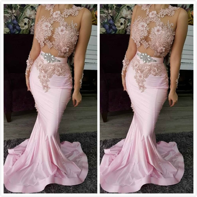 pink lace crystals evening dresses sheer neck long sleeves mermaid prom dresses vintage sexy formal party bridesmaid pageant gowns