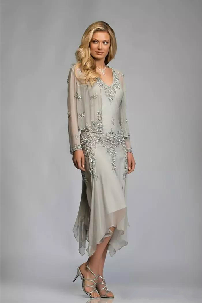 Plus Size Two Pieces Mother Of The Bride Dress With Jacket A-Line Long Sleeve Silver Green Chiffon Wedding Party Gowns With Pearls Groom Mom Evening D