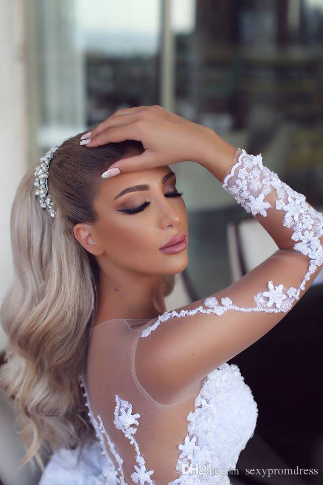 Said Mermaid Wedding Dresses Detachable Train Style Lace Bridal Gowns Sheer Neck Long Sleeves Buttons Vestidos Plus Size