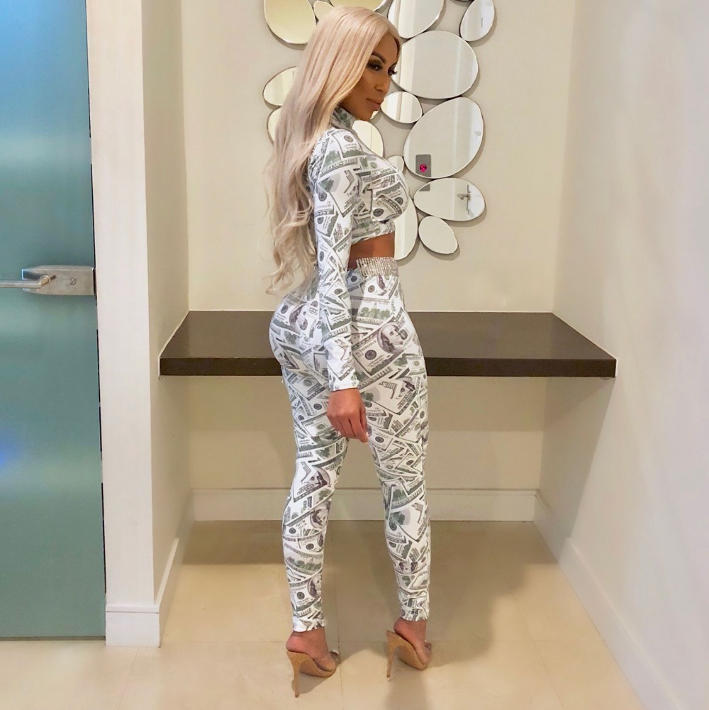 2 Pieces Set Club Women Dollar Bill Printing Slim Bodycon Crop Top Pants Set Women Sportwear Two Pieces Tracksuit Autumn C19041601
