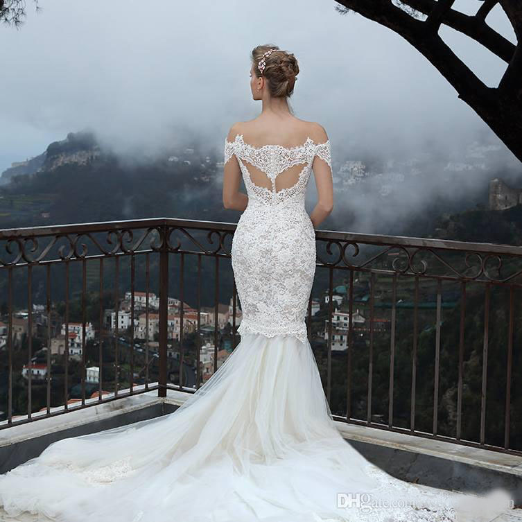 Elegant Lace Mermaid Wedding Dresses With Sheer Long Sleeves Off The Shoulder Bridal Gowns Sweep Train Tulle Trumpet Bohemia Wedding Dress