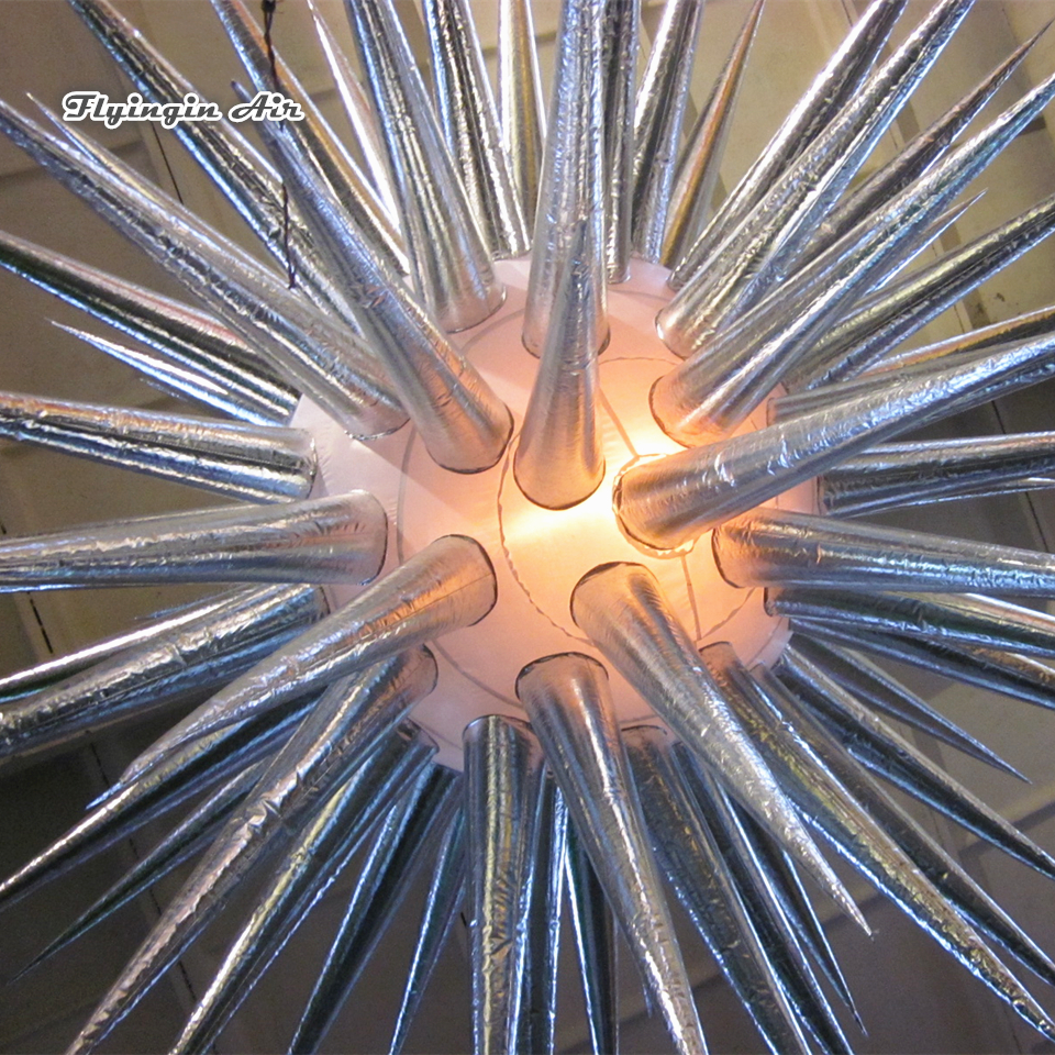Personalized Lighting Inflatable Star Balloon 2m Silvery Hanging Air Blown Sea Urchin Model Ballon For Concert And Club Party Decoration