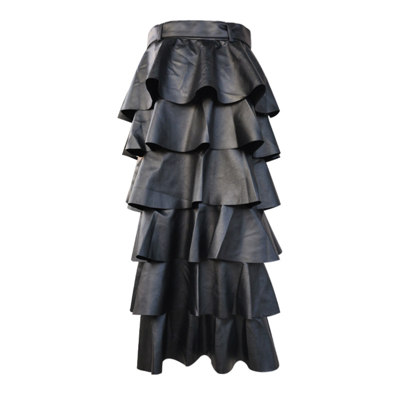 Tiered Leather Skirt High Waist Autumn Winter High Quality Faux Leather Long Maxi Skirt Women Street