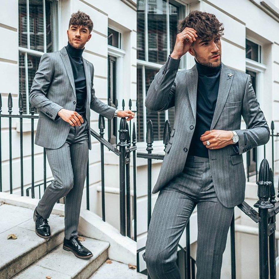 Vintage Gray Stripe Mens Wedding Suits Slim Fit Two Button Peaked Lapel Groom Wear Tuxedos Formal Prom Blazer Jacket (Jacket+Pants)