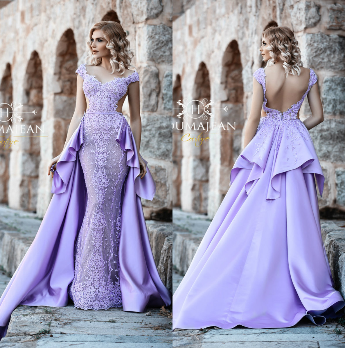 Light Purple Prom Dresses With Detachable Overskirts Sweep Train V Neck Satin Lace Evening Dress Sexy Backless Appliques Formal Occasion