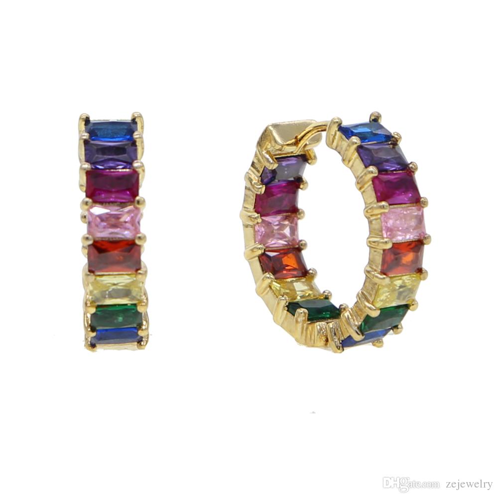 new fashion cubic zirconia baguette stones hoop ear earrings women shinning wedding earring delicate colorful rainbow mini cz earring