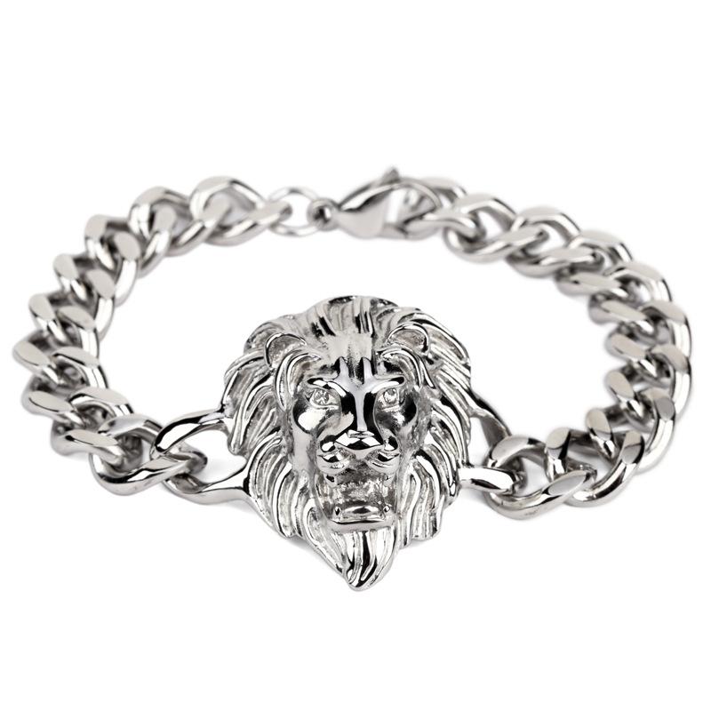 Wholesale-Gold Bracelet Men Hiphop Lion Head Bracelet Charms Stainless Steel Wrist Chains Punk Rock Bracelet 24cm