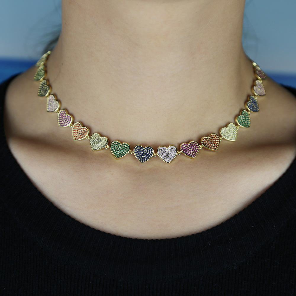 New Sweet Love Heart Choker Necklace with rainbow cz Statement Girlfriend Gift Cute Gold Silver Necklace Jewelry Collier Femme