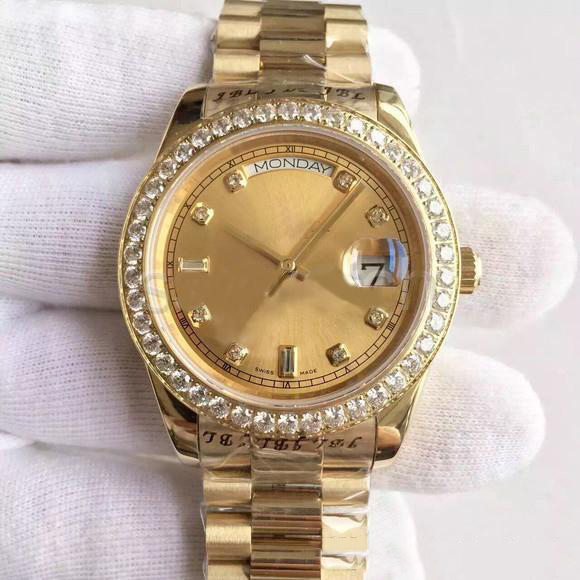Hot sale Men's Watch DATE-218348A Series 18K Gold Dial Diamond Inlay Automatic Mechanical Watch President Strap Original Folding Buckle, Only waterproof
Hot sale Men's Watch DATE-218348A Series 18K Gold Dial Diamond Inlay Automatic Mechanical Watch President Strap Original Folding Buckle, Only waterproof