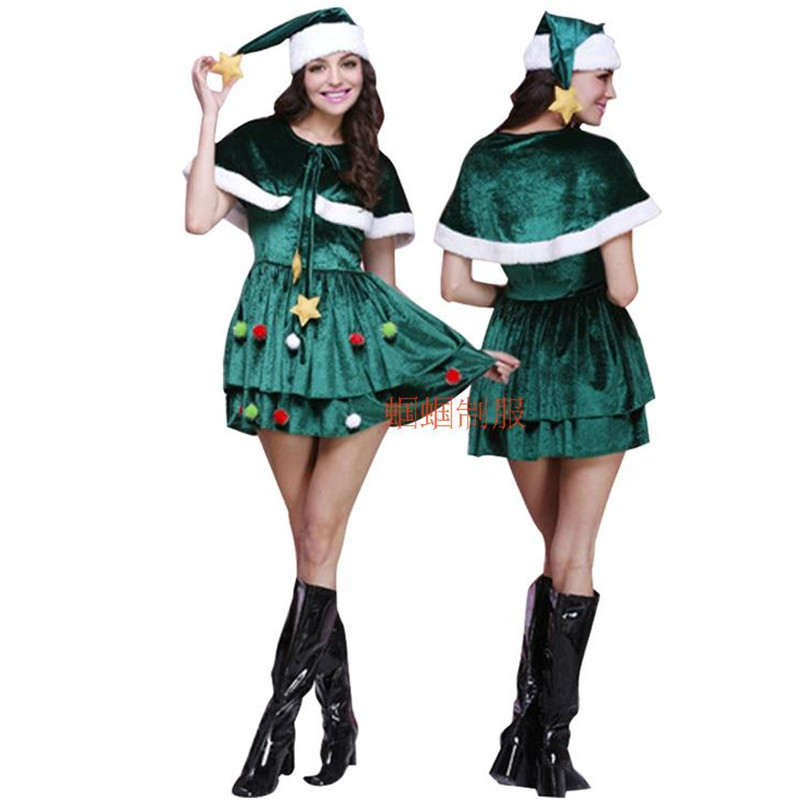 Adult Women Christmas Tree Costume Cape Hat Set Layered A-line Mini Dress with White Fuzzy Trim and Stars Balls Cosplay S-3XL Plus Size