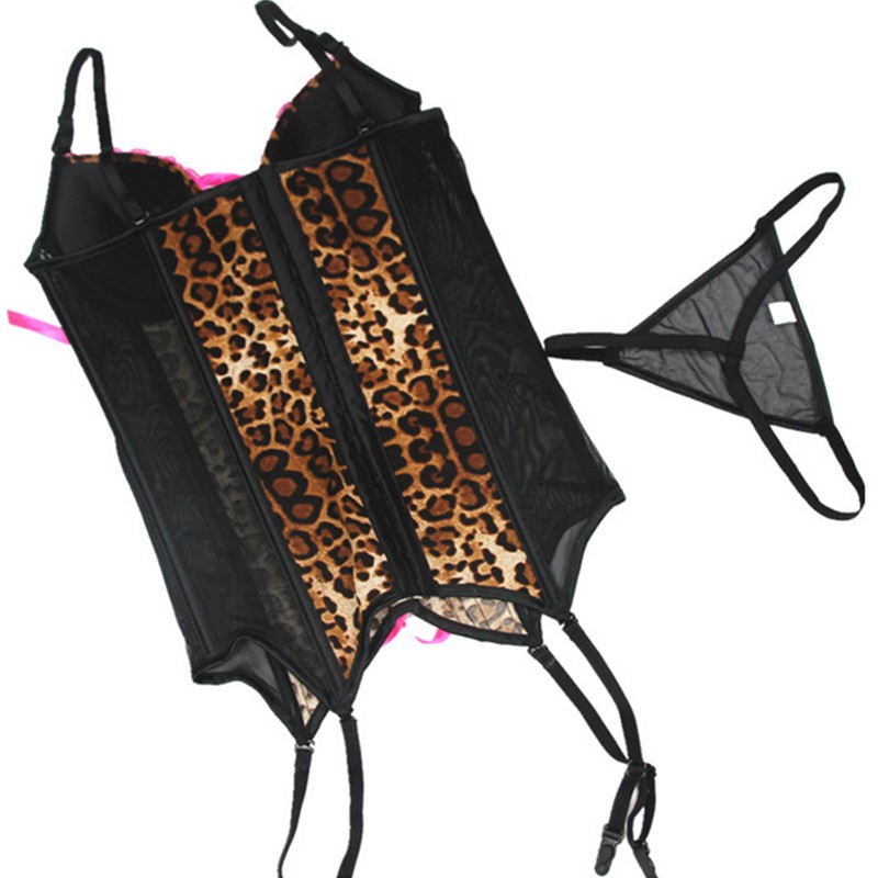 Women Gartered Push-up Bra Fashion Leopard Lace-up Front and Side Mesh 8pcs Plastic Fully Boned Bustier with Thong Set Sexy Lingerie Corset