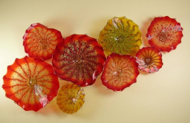 Artistic Orange Flower Plates Wall Art for Home Decoration Modern Glass Fixture Murano Flower Glass Hanging Plates Wall Art