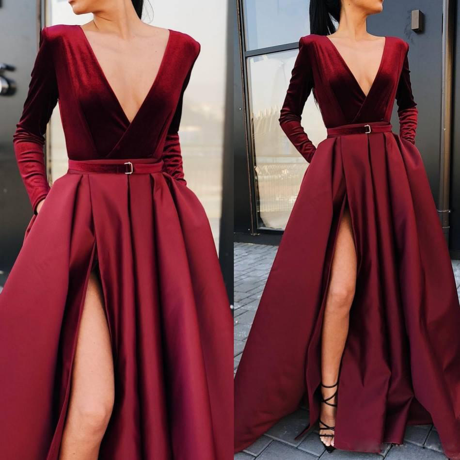 2020 New Sexy Red Mermaid Prom Dresses Deep V Neck Long Sleeves Lace Appliques Beaded Side Split Satin Sweep Train Evening Party Gowns