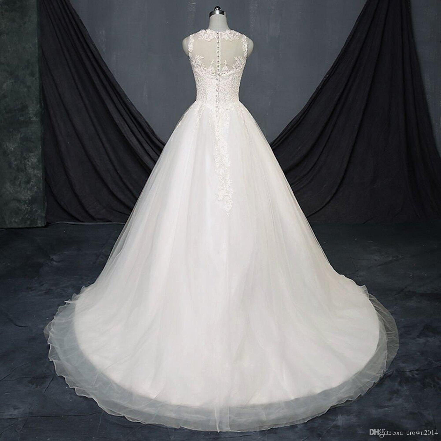 Princess White Wedding Dresses Gown Sheer Jewel Neck Lace Applique Backless Tulle A-Line Wedding Bridal Gowns Plus Size Custom Made