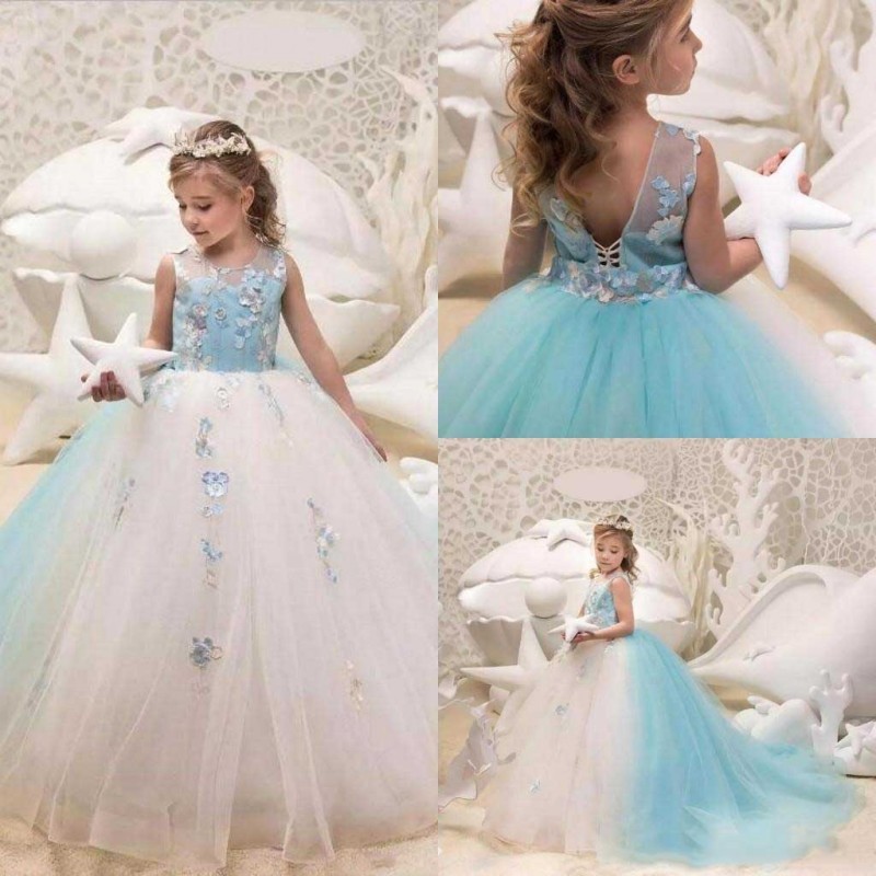 2020 Wathet Ball Gown Flower Girls Dresses Appliques Girls Pageant Dresses Jewel Tulle Girls Party Gowns