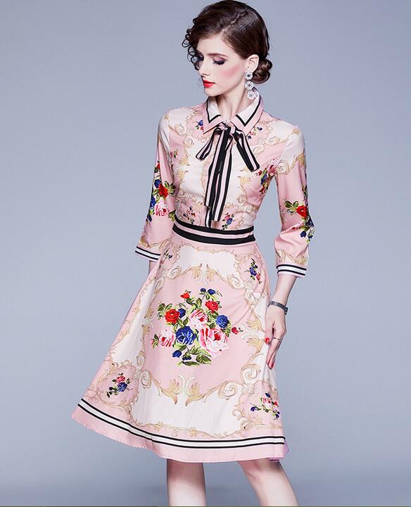 Spring Fashion Dress Ladies Wind Lapel neck Lace-up Bow 3/4 Sleeve Pink Print Waist A-line Skirt, Multi
Spring Fashion Dress Ladies Wind Lapel neck Lace-up Bow 3/4 Sleeve Pink Print Waist A-line Skirt, Multi